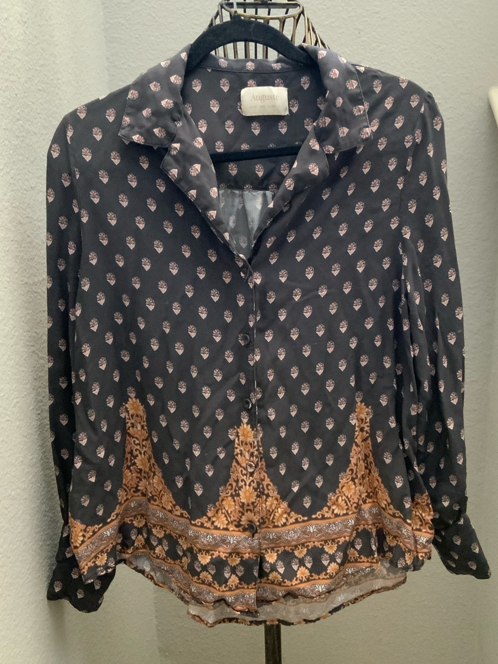 Auguste The Label Black Floral Style Button-Down Blouse with Tan Border